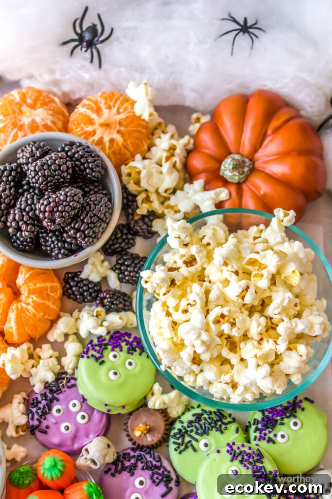 popped popcorn in bowl with treats on a Halloween board