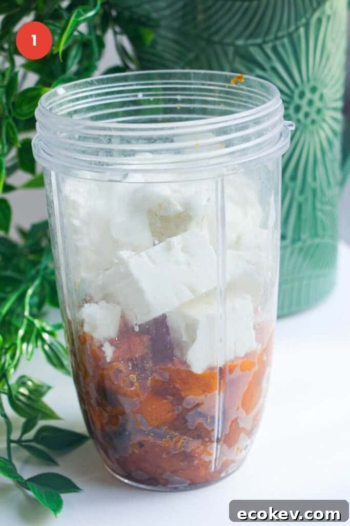 Feta, butternut squash and yogurt in a blender.