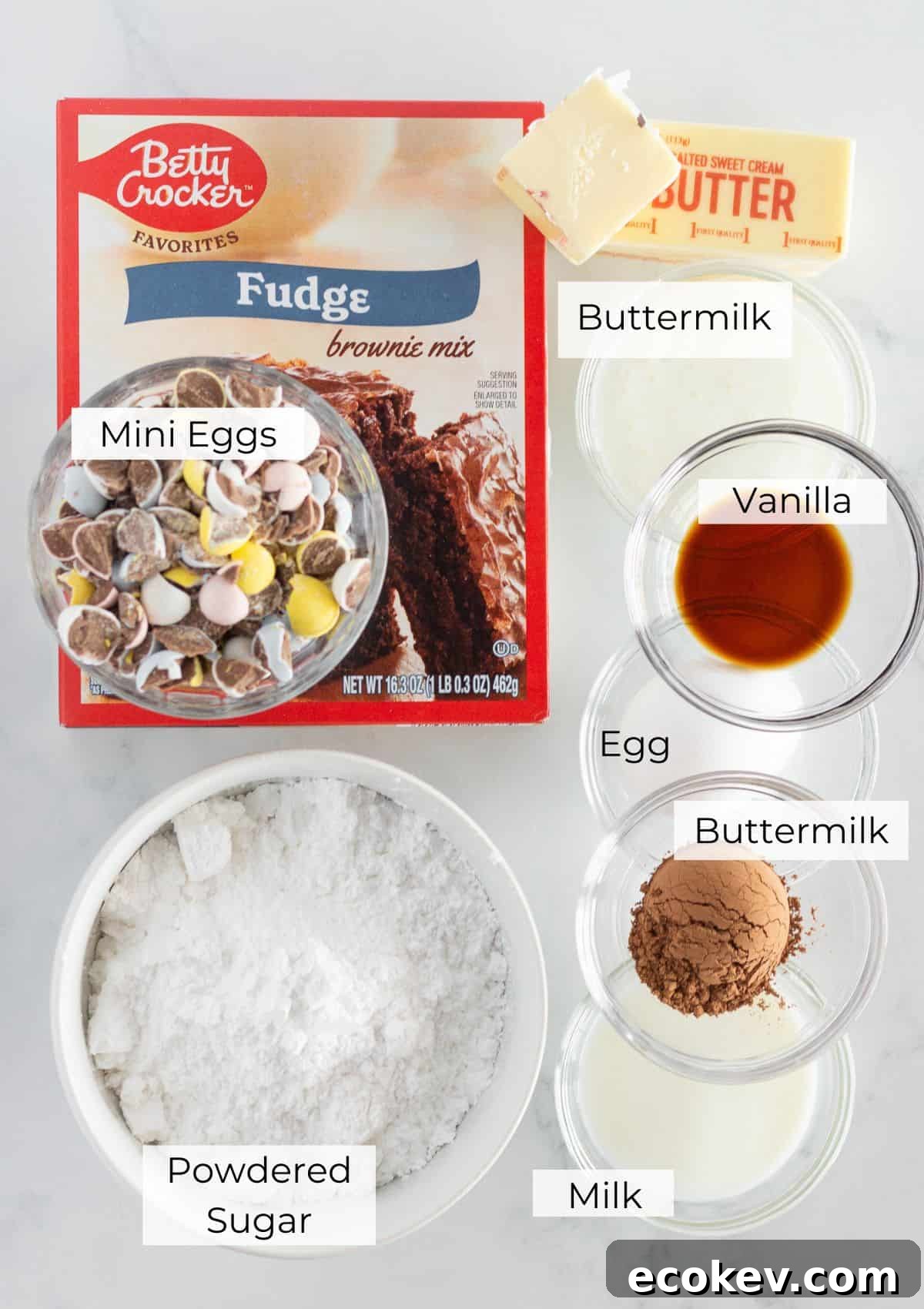 The ingredients needed to make Mini Egg Brownies.