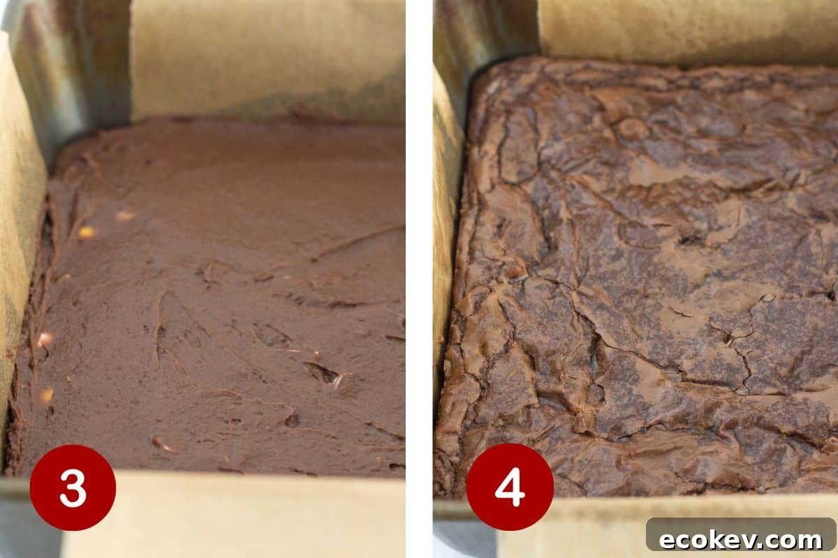 Spreading brownie batter into prepared and baking it.