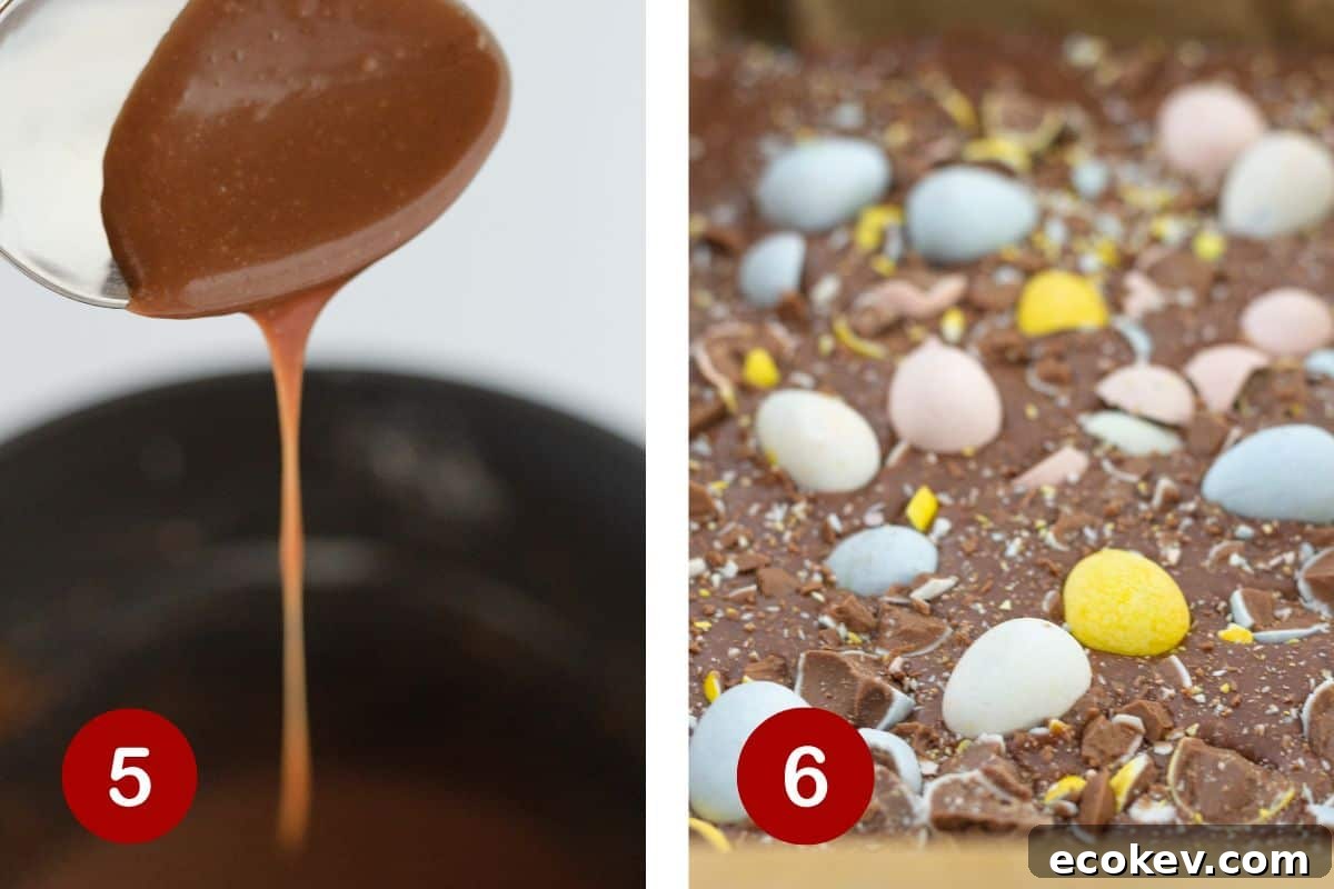 Making the chocolate frosting and adding more mini egg candies to the top of the brownies.