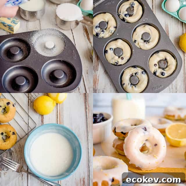 collage of step-by-step photos on prepping the pan, filling the pan, and glazing the donuts