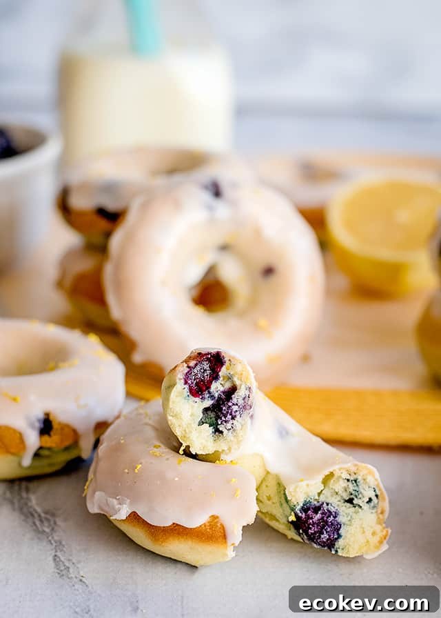 baked donut broke in half to show the blueberries with donuts around it and a yellow place mat