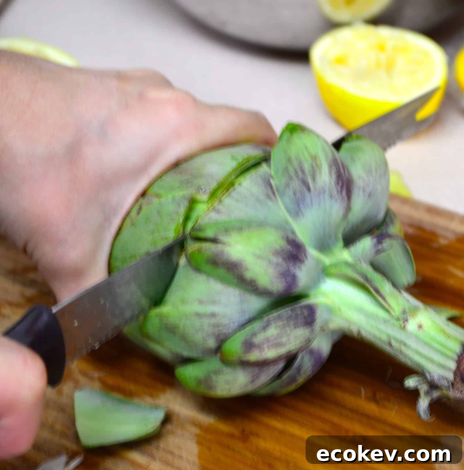 Cutting a fresh artichoke
