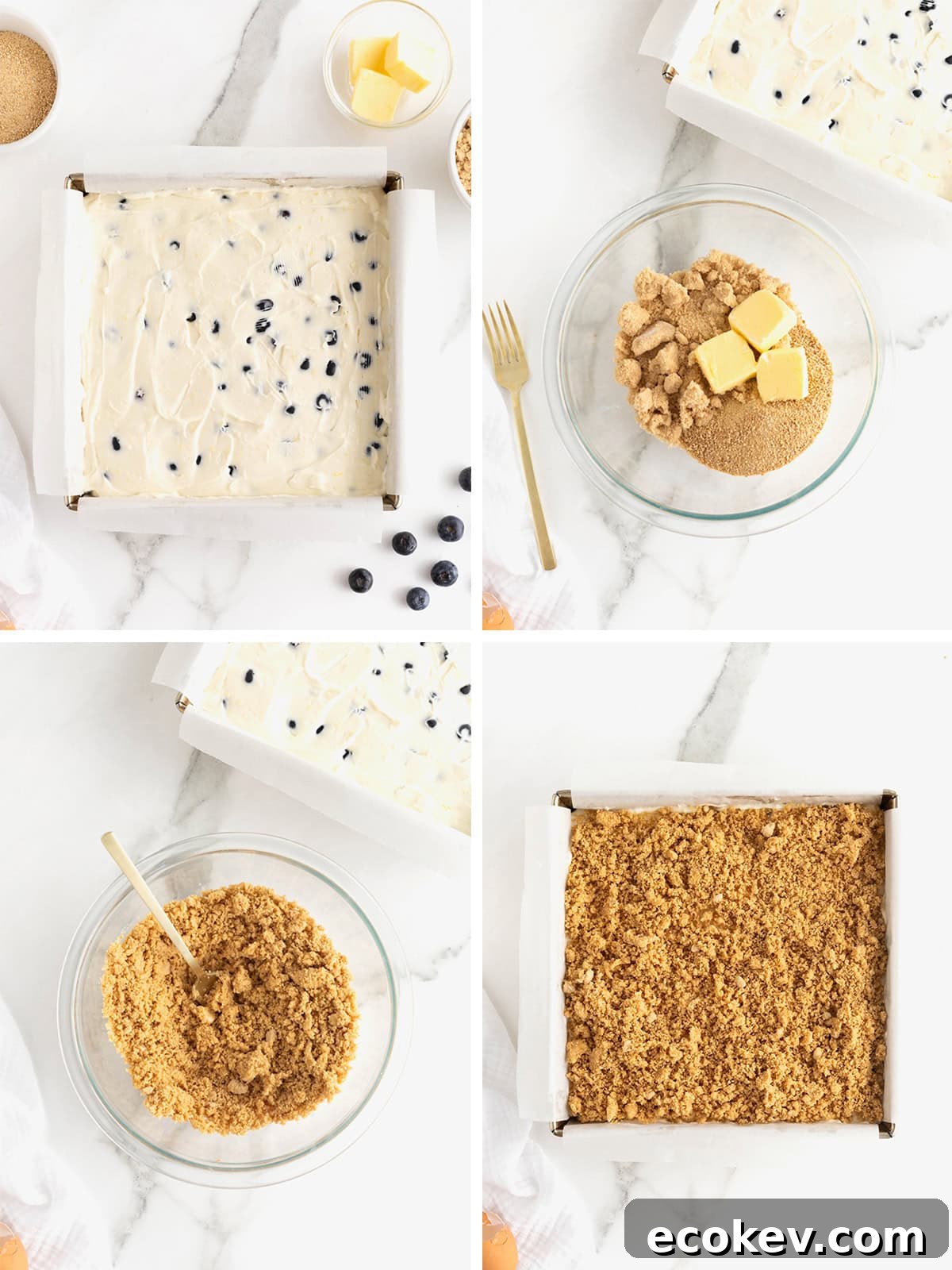 Steps to make lemon blueberry cheesecake bars. 