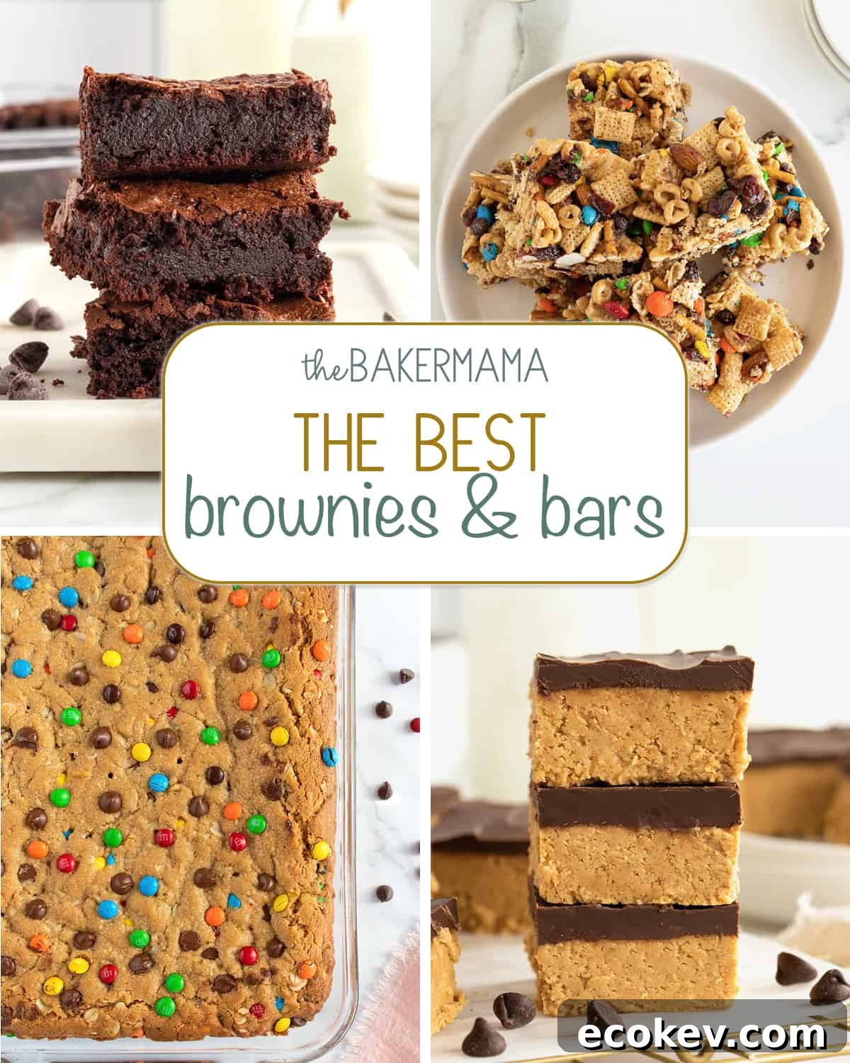 Flourless fudge brownies, no-bake snack mix bars, monster cookie bars, no-bake chocolate peanut butter bars.