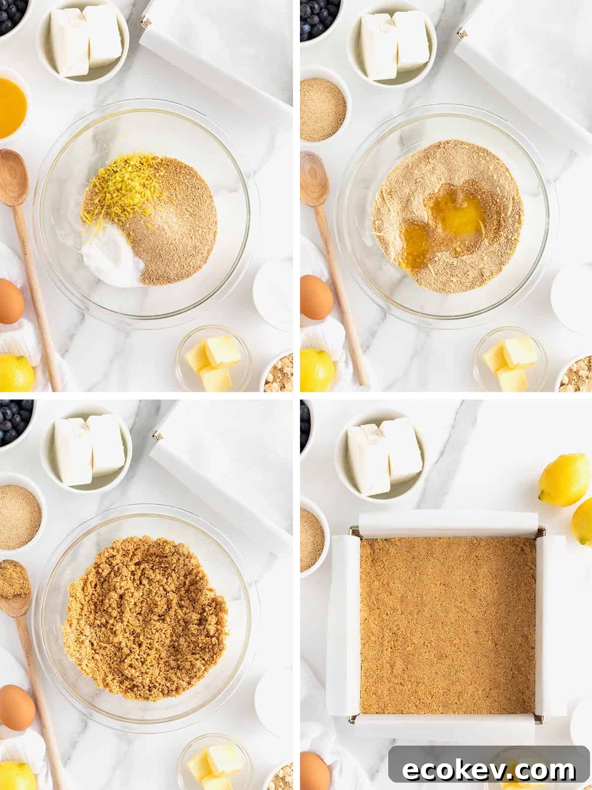 Steps to make lemon blueberry cheesecake bites.