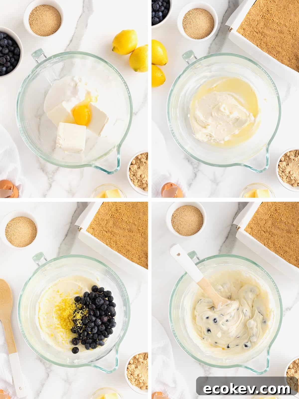 Steps to make lemon blueberry cheesecake bars.