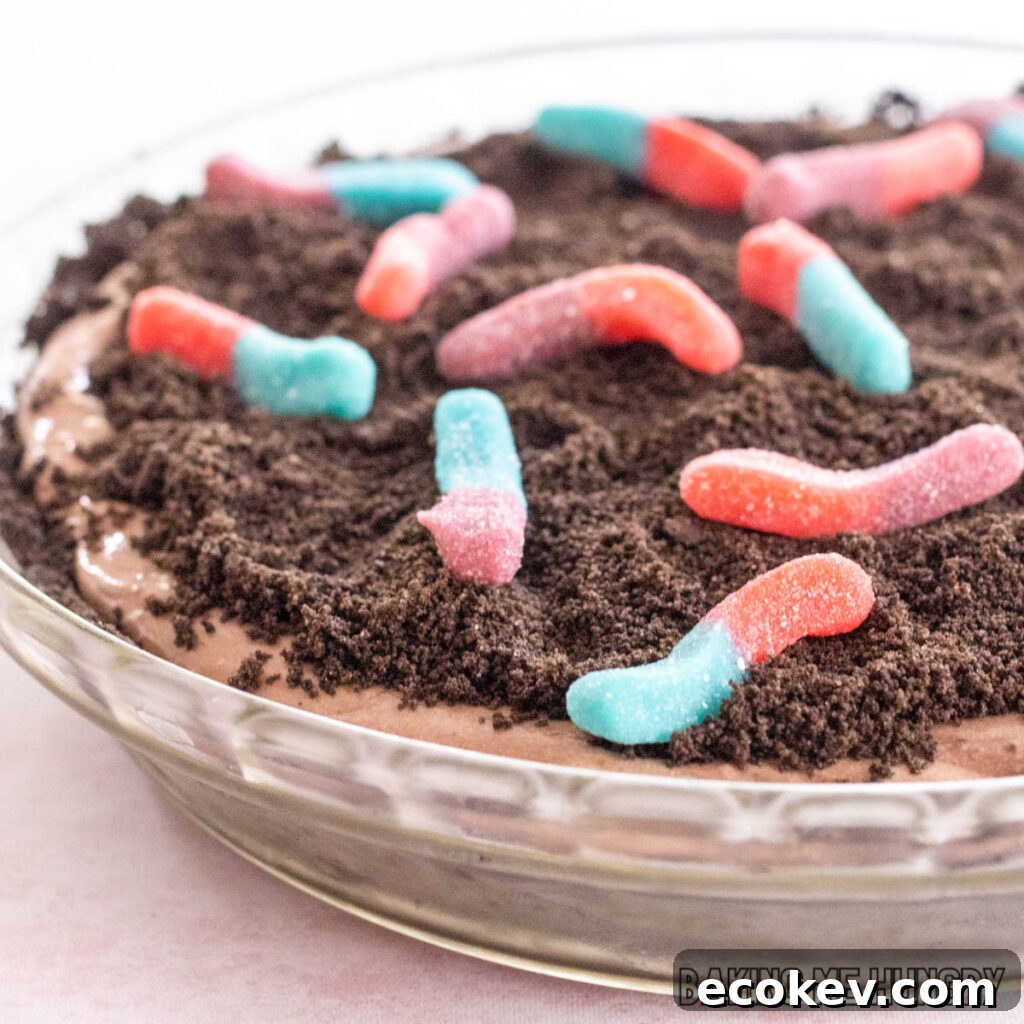 close up of gummy worms on top of the mud pie recipe