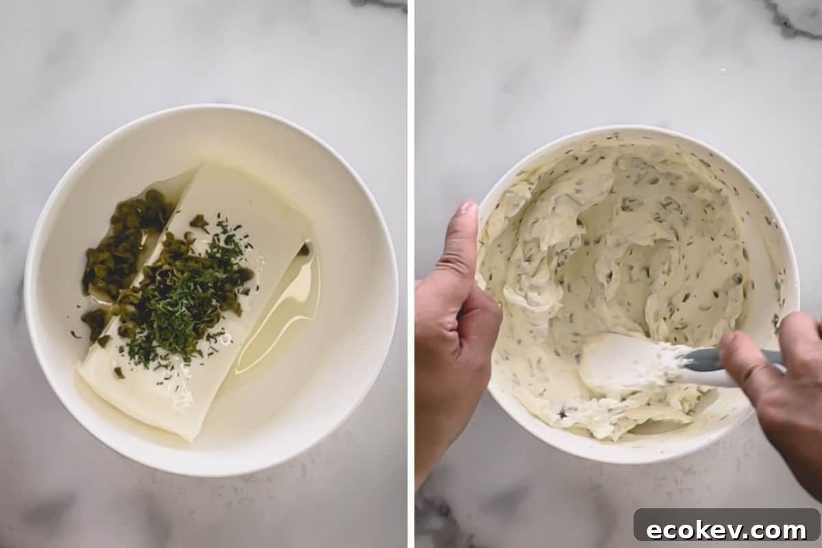 Step by step images of making cream cheese spread.
