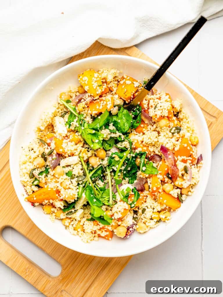 Roasted Pumpkin and Couscous Salad with Feta and Herbs 5 Couscous and Pumpkin Salad with feta in a bowl.