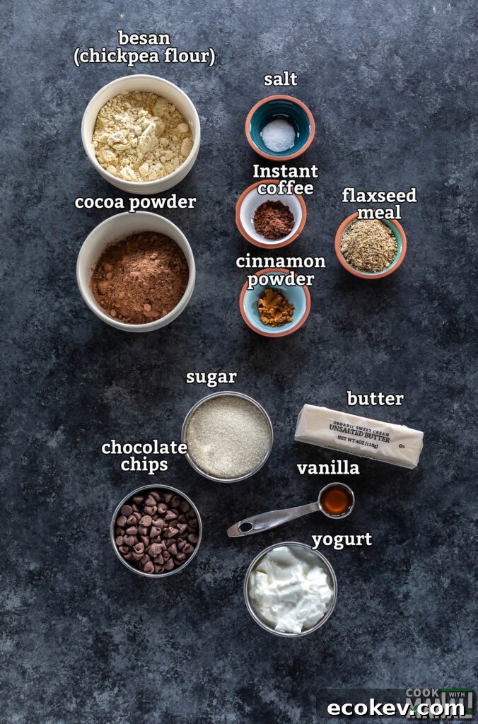 Eggless Besan (Chickpea Flour) Brownies Recipe 3 ingredients for besan brownies arranged on a board