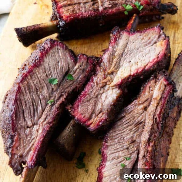 Smoked beef plate short ribs showing the smoke ring after being sliced.