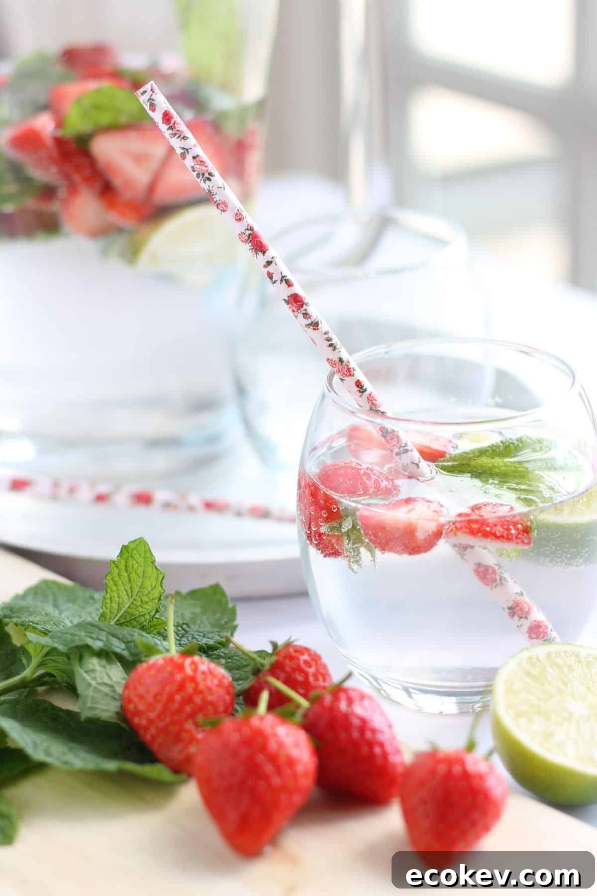 A glass of strawberry mojito cooler with a paper straw.
