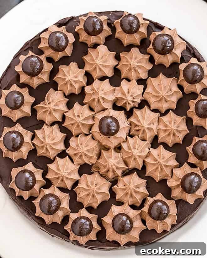 Overhead view of Death By Chocolate Cake on a white cake plate.