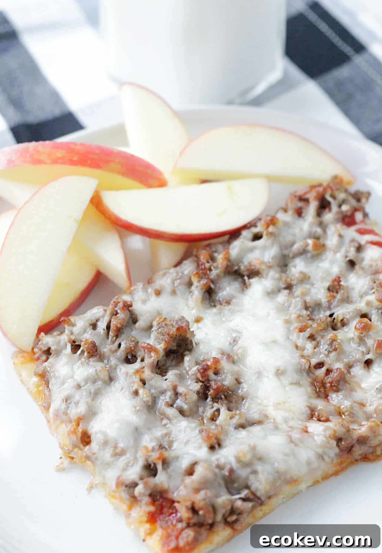 school lunch pizza on a plate with apple slices