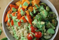 Roasted Veggie Quinoa Bowls with Creamy Basil Yogurt Dressing