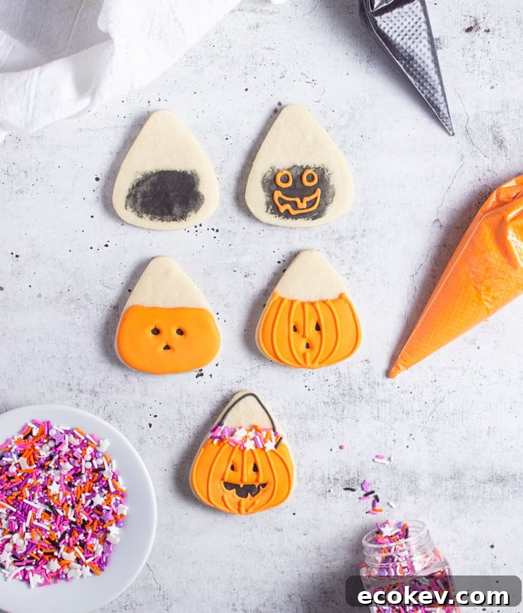 progression of iced treat bucket jack-o-lantern cookies