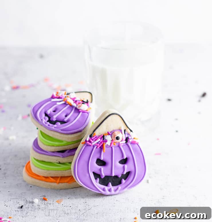 iced cookies stacked next to a glass of milk