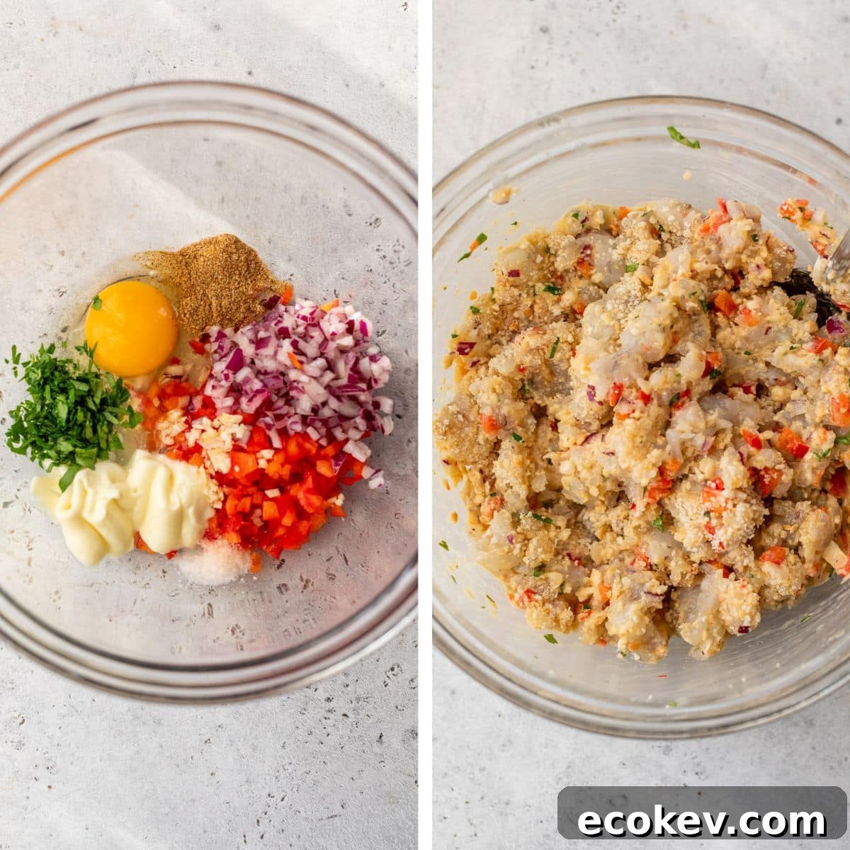 2 images: the left image shows all ingredients added to a glass bowl and the right image shows everything mixed together