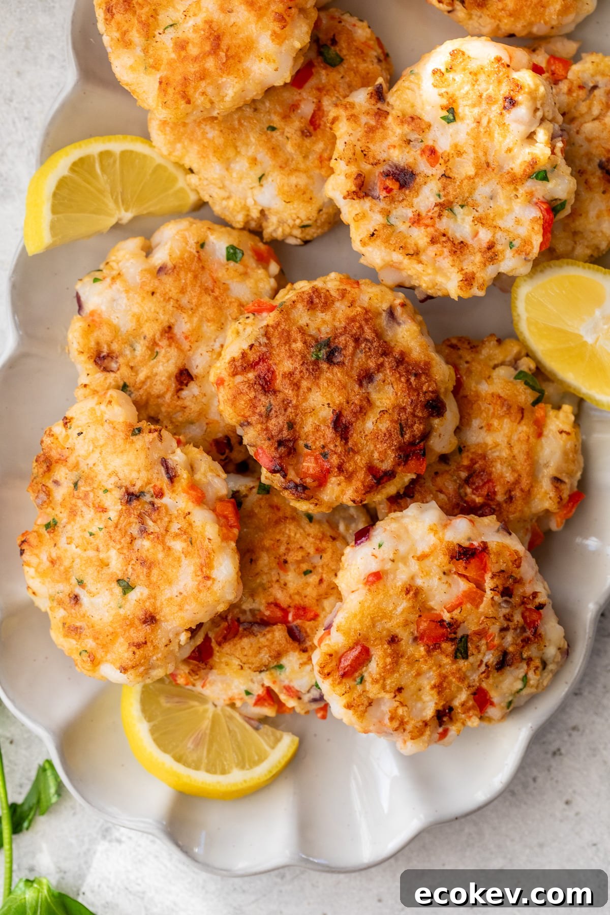 overview of shrimp cakes on a serving platter