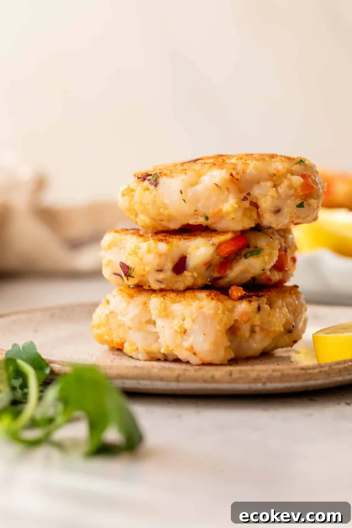 three shrimp cakes stacked on top of each other on a plate