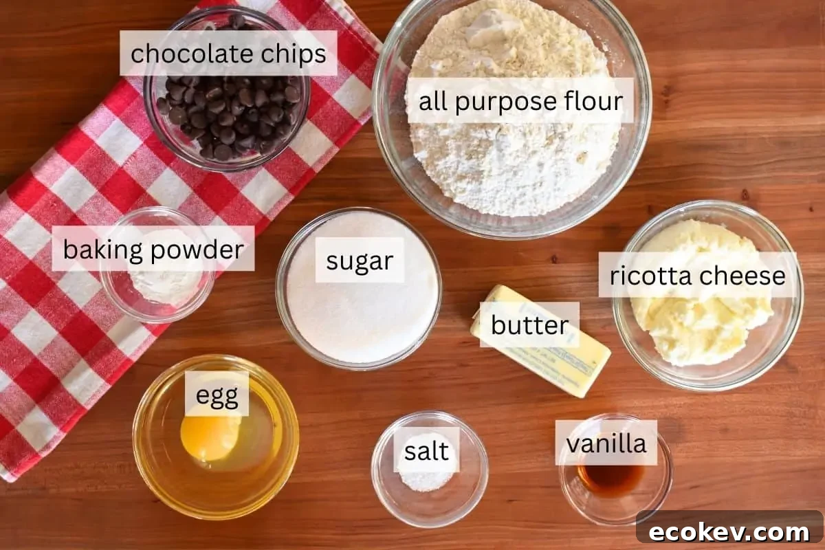 Ingredients for recipe including all purpose flour, sugar, egg, butter, and baking powder.