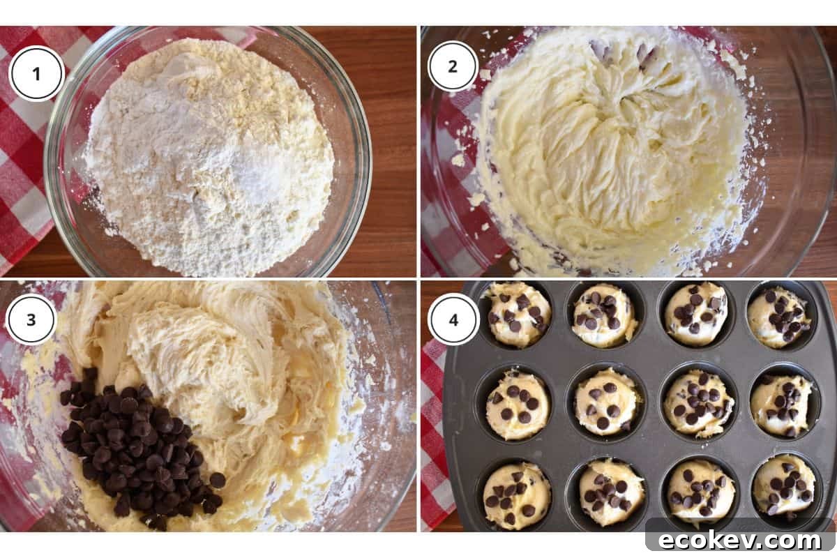 Process shots showing how to make recipe including mixing the dry ingredients and scooping into cupcake tins.