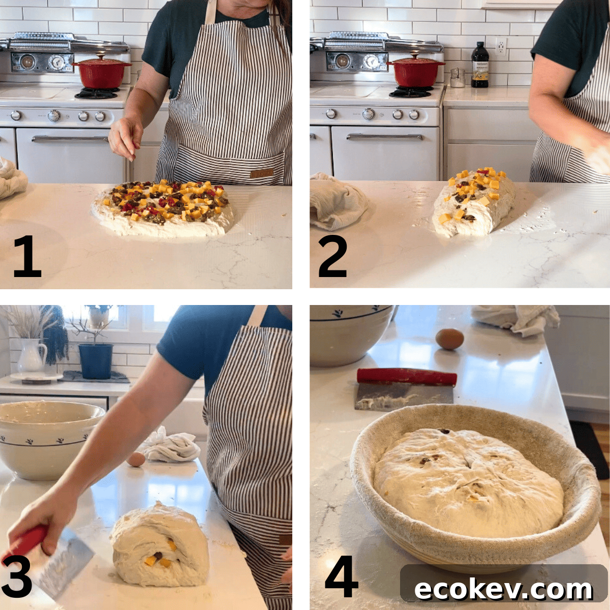 Step-by-step process of adding jalapeño and cheddar inclusions to sourdough bread dough.