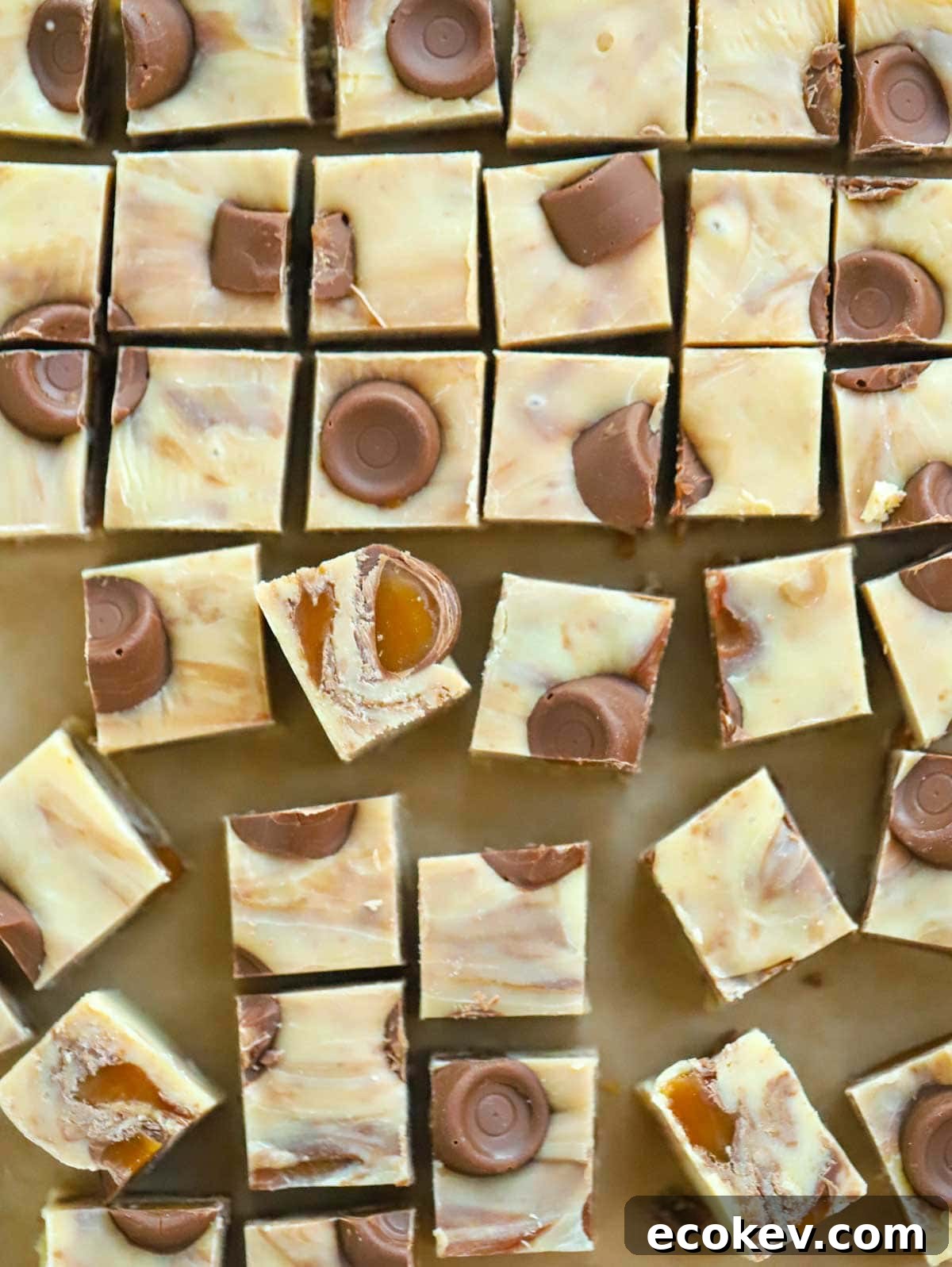 Finished recipe of Rolo Fudge pieces, cut into squares.