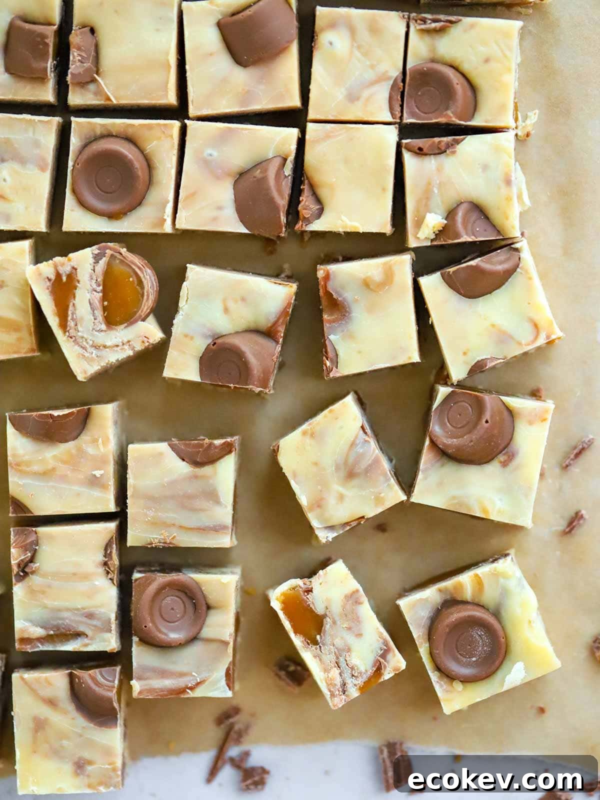 A tray of just-made Rolo Fudge, cut into squares.