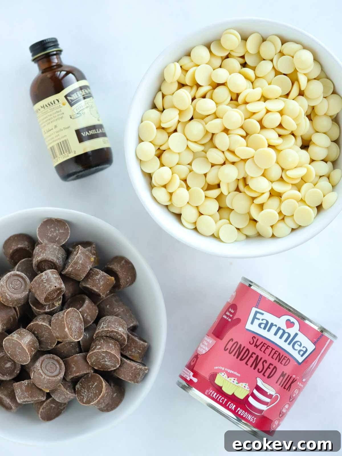 Ingredients for Rolo Fudge recipe laid on a counter.