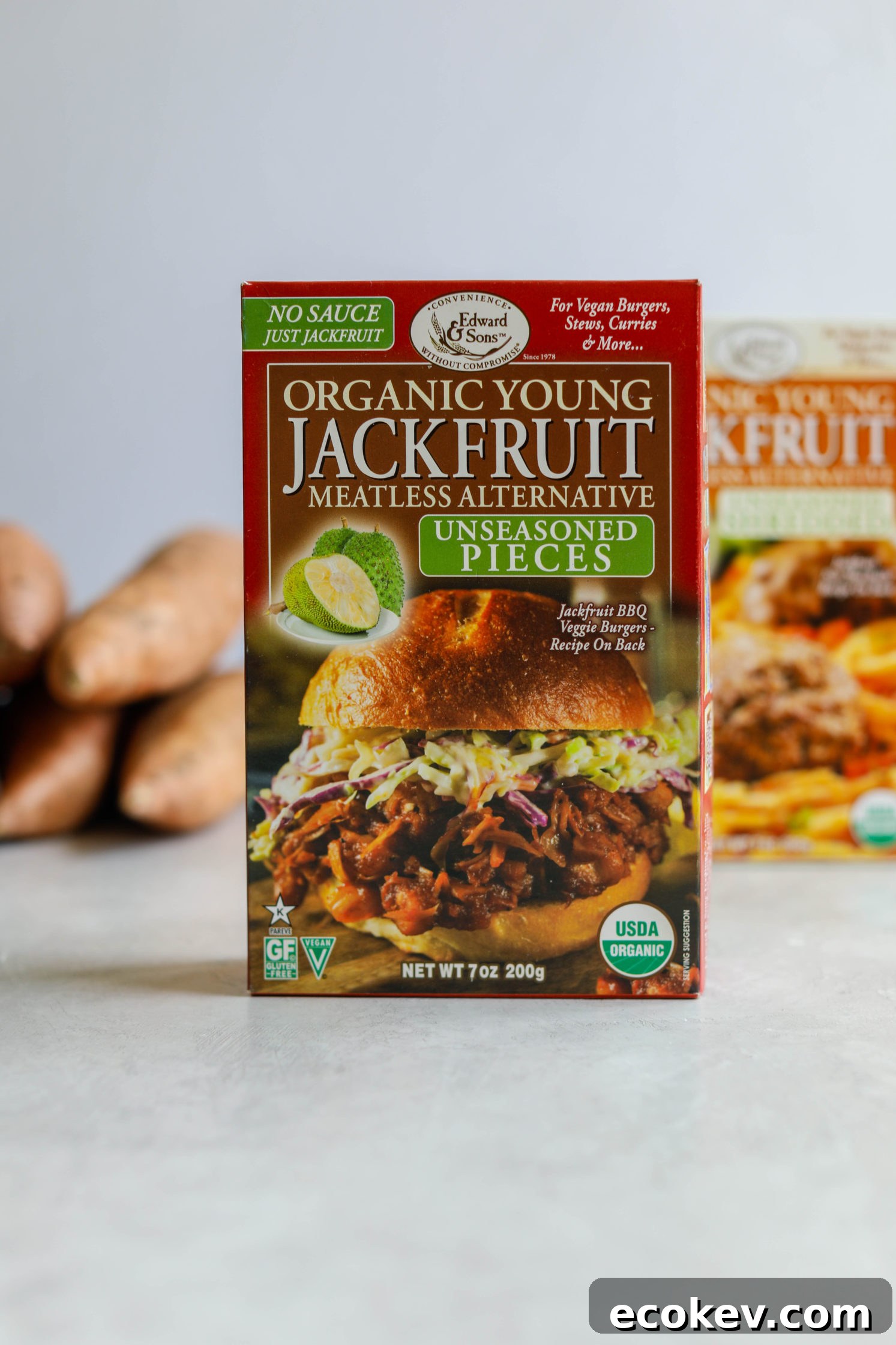 Edward & Sons Organic Young Jackfruit in box with sweet potatoes behind