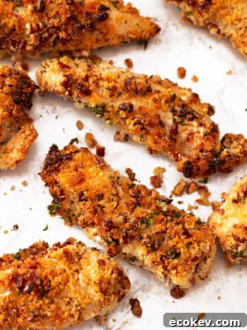 Sheet pan containing 7 air fryer chicken tenders coated in a pecan crust.