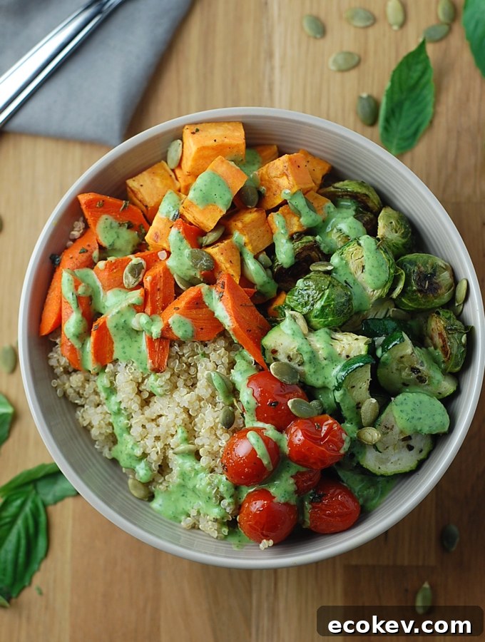 Roasted Vegetable Quinoa Bowls with Basil Yogurt Dressing