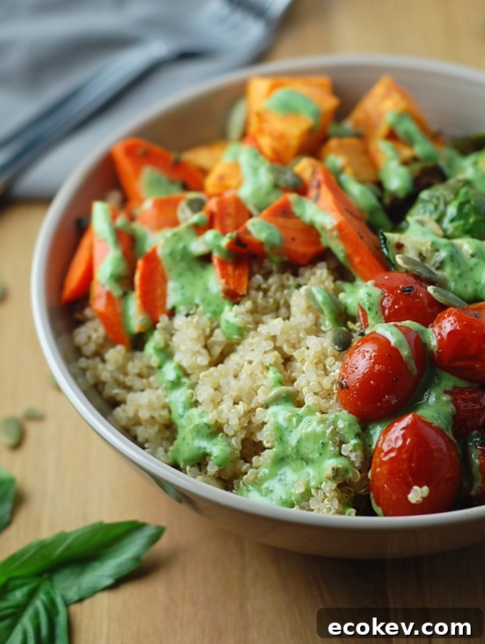 Roasted Vegetable Quinoa Bowls with Basil Yogurt Dressing