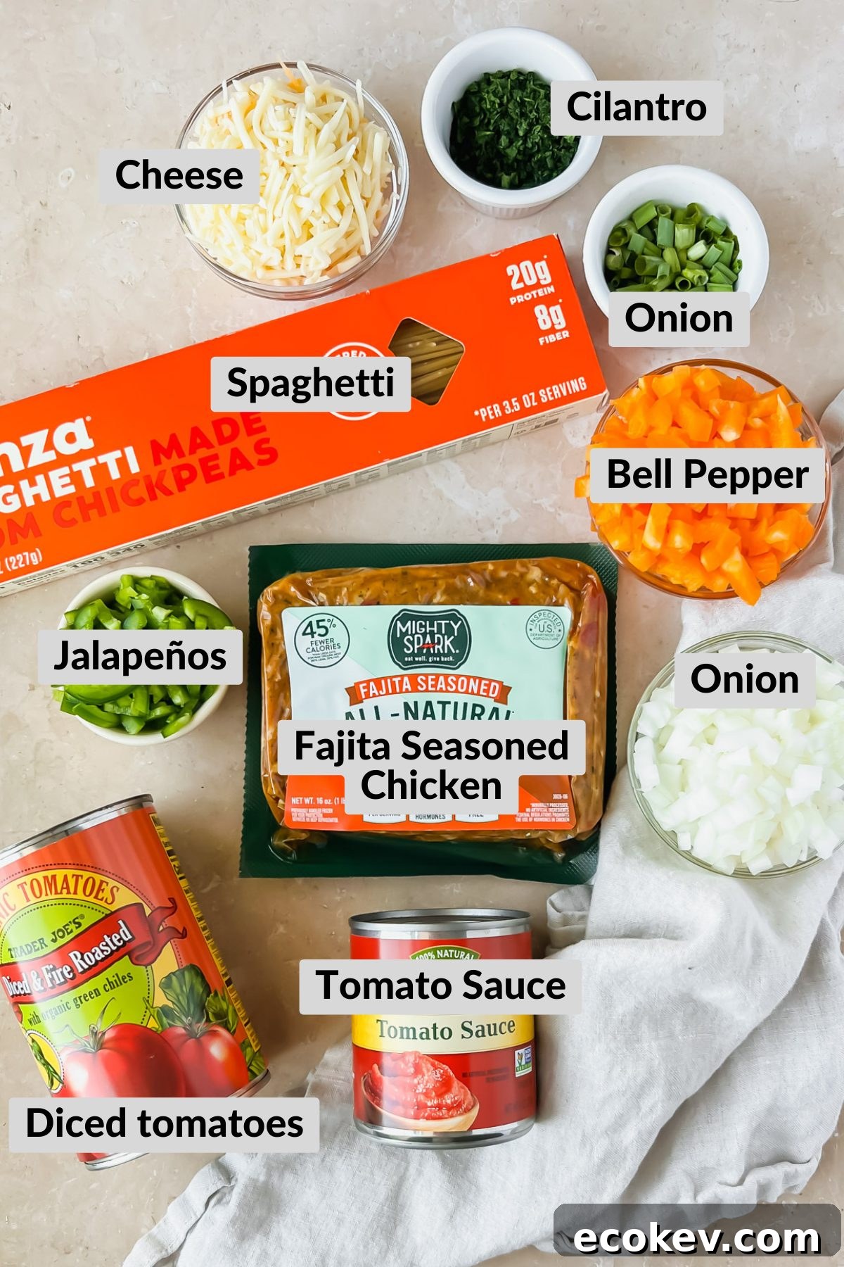 Ingredients for Mexican Spaghetti in bowls