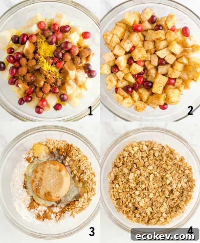 mixing together ingredients for pear cranberry apple crisp in a bowl