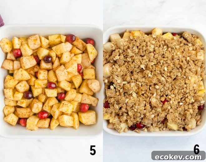 layering the fruit and topping in a white square baking dish
