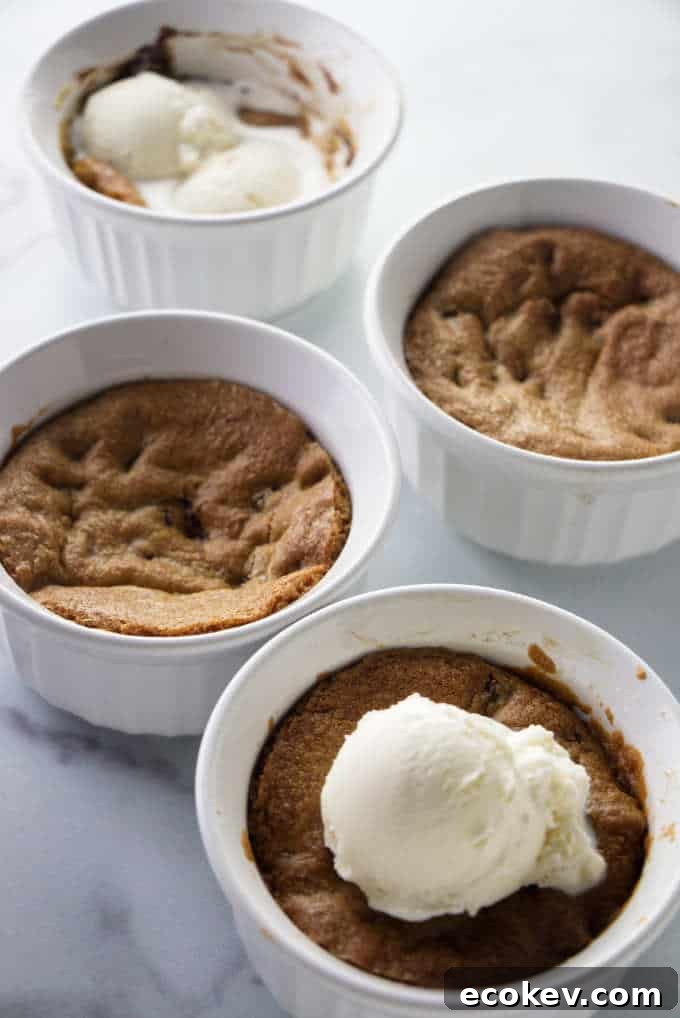 4 deep dish cookie bowls with ice cream.