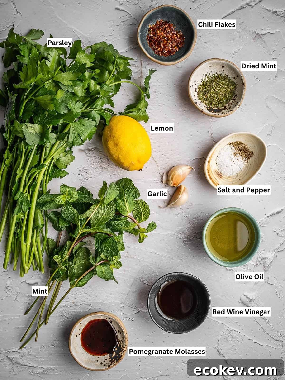 Mint chimichurri sauce recipe ingredient with individual labels on a countertop.