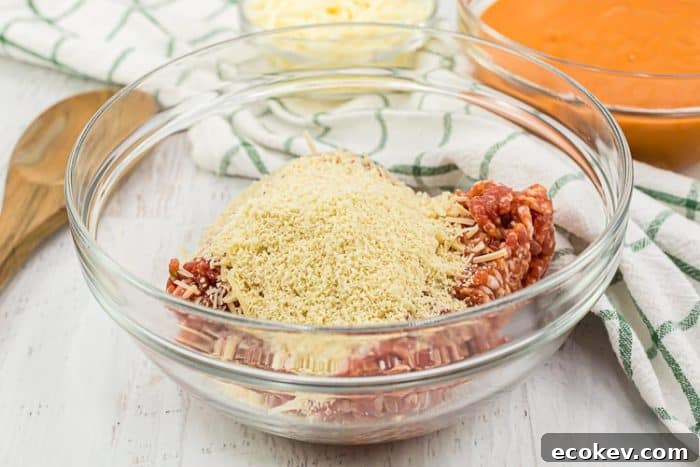 bowl containing keto meatball ingredients unmixed