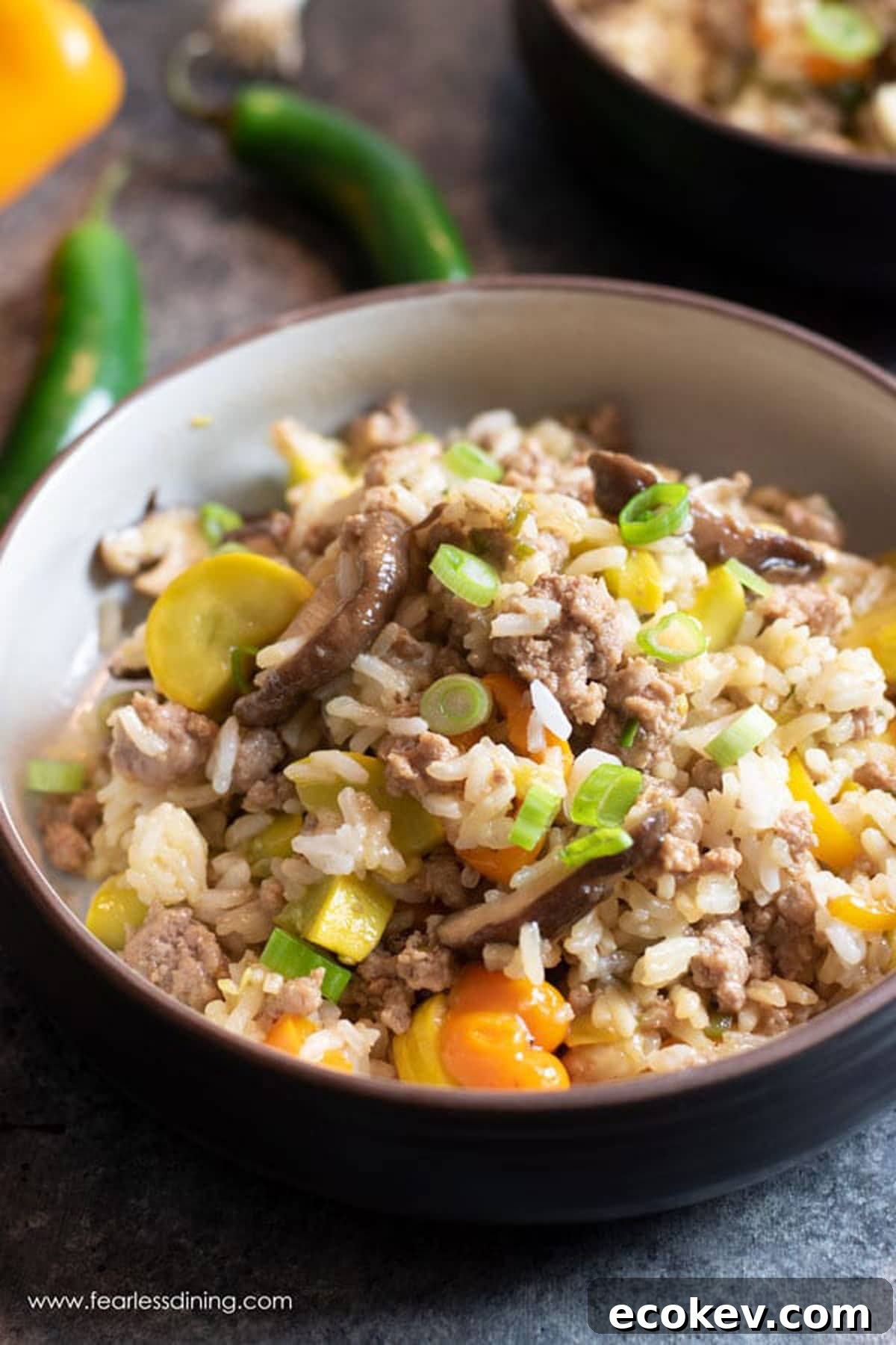 A bowl of gluten free ground pork fried rice.