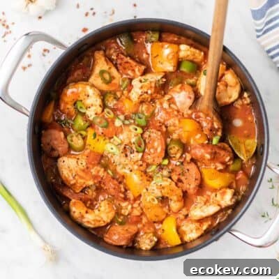 A top view of a pot of Jambalaya.